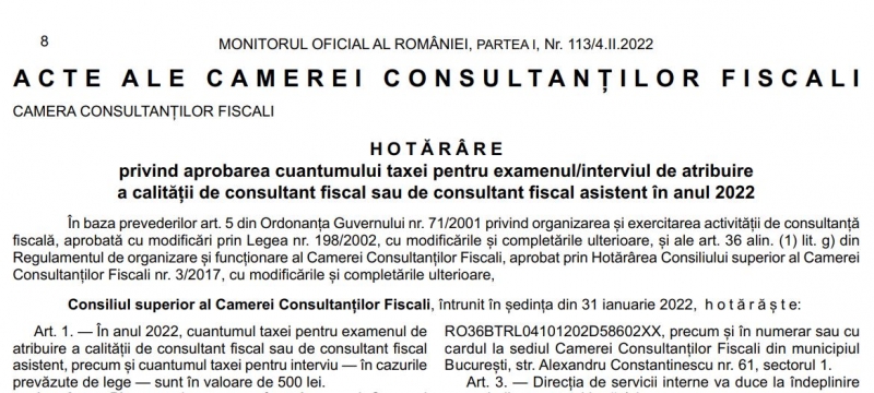 taxa examen interviu consultant fiscal 2022